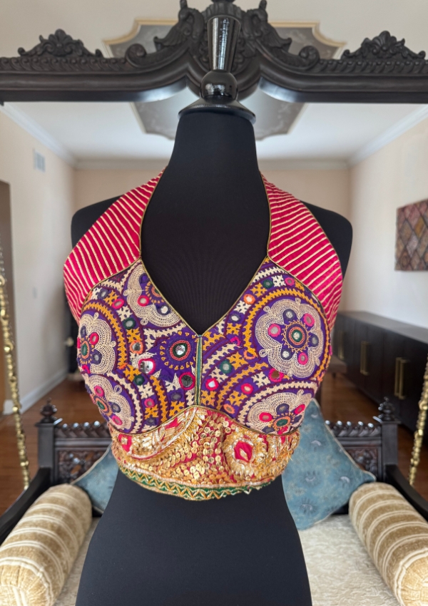 Red Gamthi Embroidered Halter Blouse